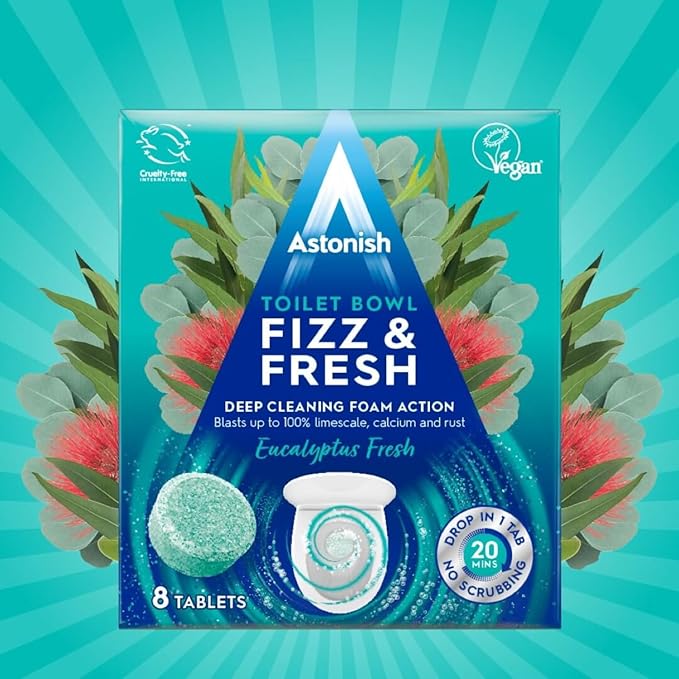 Astonish Fizz &amp Fresh Foaming Toilet Bowl Cleaner Tablets Bundle – Deep Cleaning Eucalyptus Lemon Splash &amp Pink Peony Scents – Limescale Calcium &amp Rust Remover for Hard-to-Reach Stains