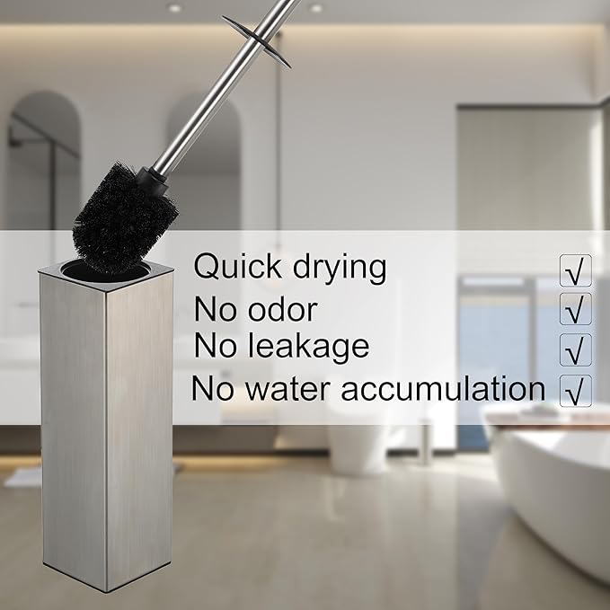 BGL Square Toilet Brush with HolderStainless Steel Rubber Painted Toilet Bowl Brush and Holder for Bathroom2 Cleaner Brush HeadsBrushed Nickel
