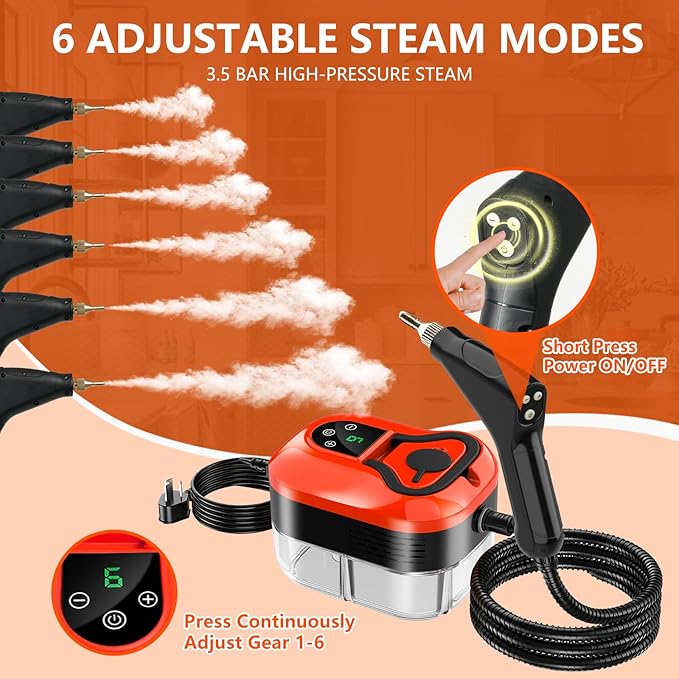 Steam Cleaner for Home &amp Car - 1200ML Water Tank 15s Heat-Up Portable Steamer for Cleaning 6 Level Handheld Steam Cleaner for Car Detailing with 6 Accessories for Furniture Grease Carpet Grout
