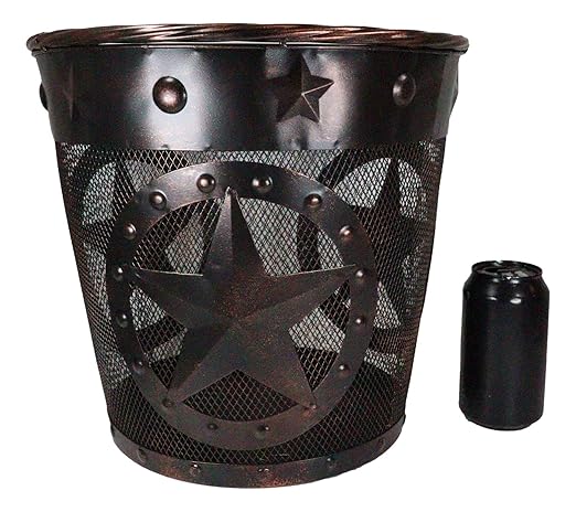 Ebros Rustic Western Texas Lone Stars in Circles of Nailheads with Braided Metal Rope Trim Wire Waste Basket Bin 12.75 Wide Home and Bathroom Accent Country Farmhouse Cowboy Decorative Trash Can