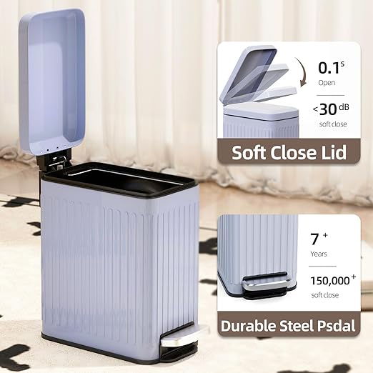 Slim Bathroom Trash Can with Lid Soft Close 1.6 Gallon Stainless Steel Garbage Can with Removable Inner Bucket Durable Step Pedal Small Trash Bins for Toilet Bedroom Kitchen Grey