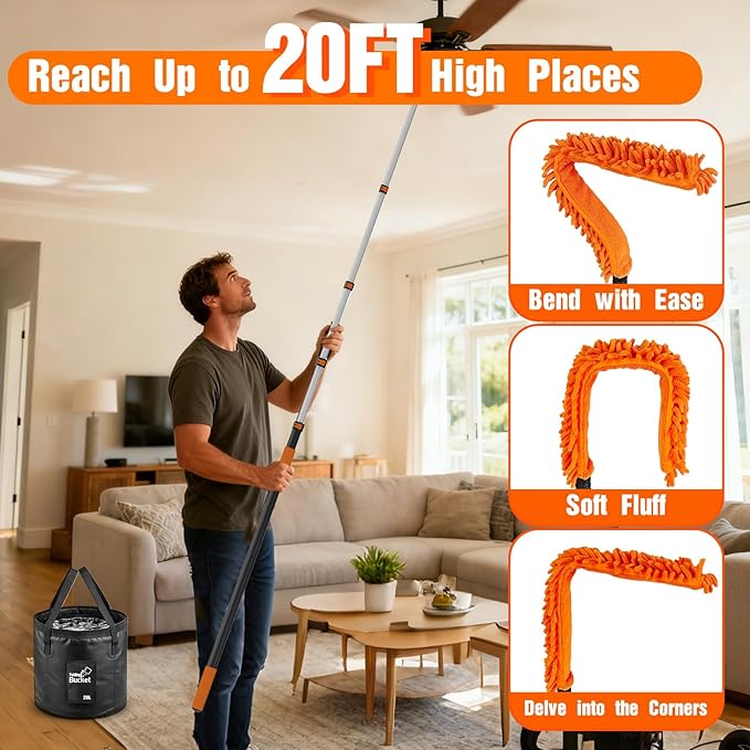 20FT Reach High Ceiling Duster Kit Window Cleaning kit with 3-12FT Extension Pole Fan Duster for Ceiling Fan Blades Microfiber Feather Duster Window Squeegee Bucket and Cobweb Duster
