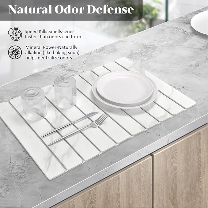 Large Stone Dish Drying Mats for Kitchen Counter 24(L)×16(W) Marble-Pattern Dish Drying Mat Eco-Friendly Absorbent Diatomaceous Earth Mats for Dishes Bottles Cups Match Any Countertop