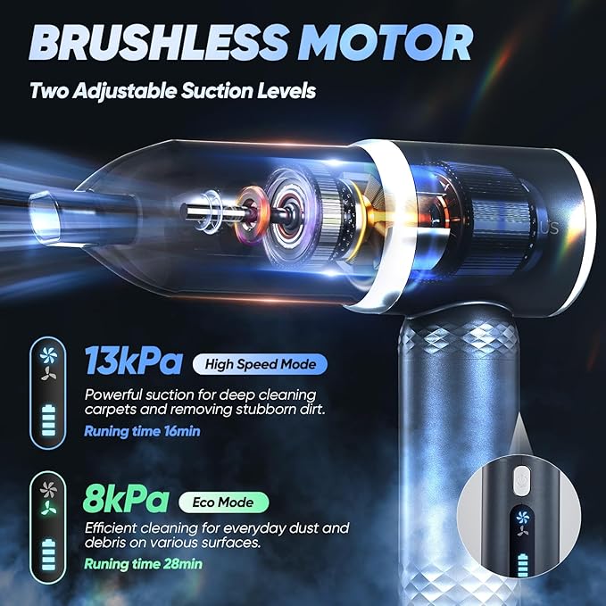 Mini Vacuum Cleaner 3 in 1 Cordless Handheld Vacuum Cleaner 13000Pa High Power Car Vacuum Cleaner with Brushless MotorAdjustable Car Vaccum Portable Cordless for CarsDesktop-DBS03