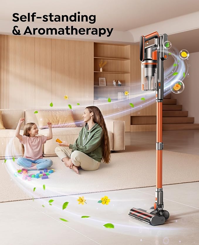 Fieety Cordless Vacuum Cleaner 600W/50KPa/65Min Runtime Stick Vacuum with 3.3Ft Hose Wall Mount Charging Auto Mode Touchscreen Self-Standing Vacuum Cleaner for Home/Pet Hair/Carpet/Car Fragrance