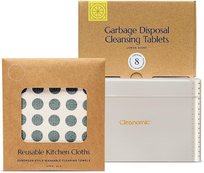 CLEANOMIC Reusable Kitchen Cloth Garbage Disposal Cleaner &amp Tablet Tin Bundle