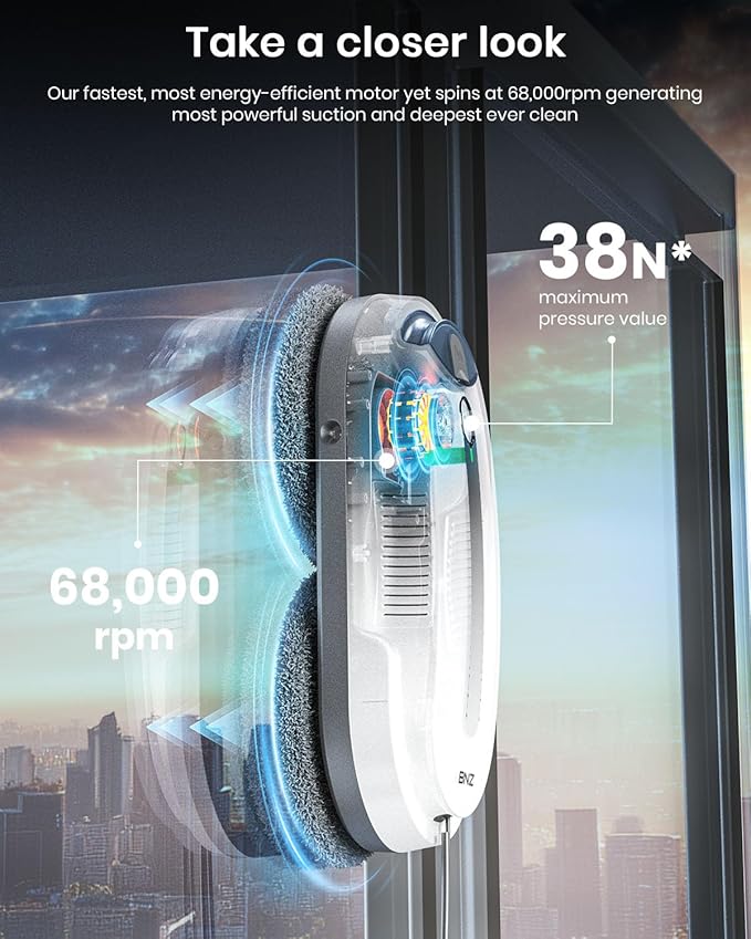 BNZ Smart Window Cleaning Robot Twin Turbo &amp Dual Auto-Spray Window Cleaner with Multiple Safety System AI Path Planning Frameless Edge Detection K1 (White)
