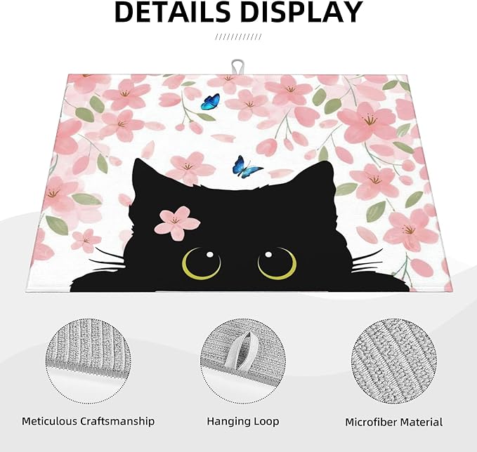 Flowers Black Cat Butterfly Dish Drying Mat for Kitchen Counter 18x24 Microfiber Absorbent Fast Dry Mat 2Pcs Dish Mat Faucet Mats Sets Large Drying Kitchen Mat Kitchen Drying Pad Coffee Bar Decor