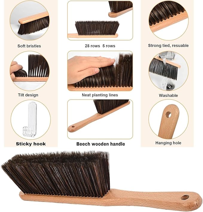 Wooden Handle Hand Broom with Gentle Dense Bristles for Dusting Furniture and Car Hand Broom Brush