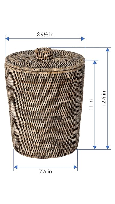 Kouboo La Jolla Rattan Round Waste Basket with Lid &amp Plastic Insert Black Wash