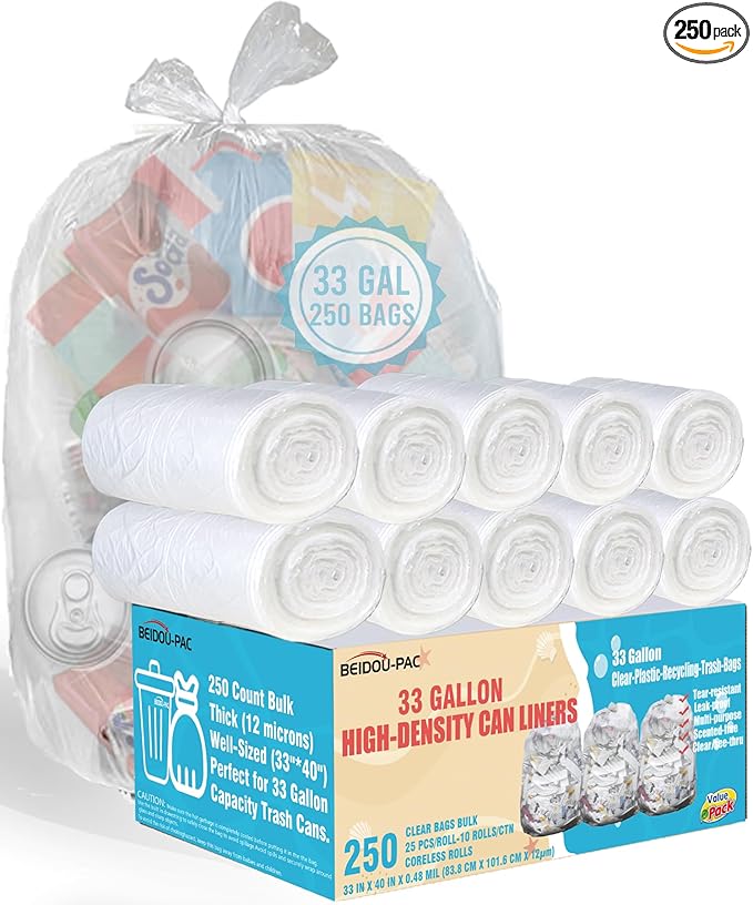 33 Gallon Trash Bags 250 Count Bulk Heavy Duty Clear Plastic Recycling Garbage Bags Multi-purpose Can Liners for Business Home Commercial Industrial Contractors Storage &amp Outdoor