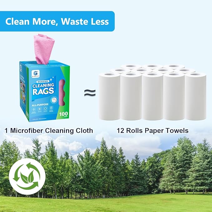 GLIMGLINT Pink Microfiber Cleaning Cloth 100 Pack Cleaning Rags Lint-Free Ultra Absorbent Reusable Paper Towels for Home Kitchen Car Garage or Shop Dish Rags 11 x 9