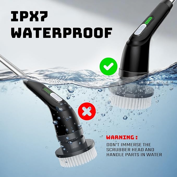 Electric Spin Scrubber Powerful 2-Speed Cleaning Brush IPX7 Waterproof with 7 Reusable Brush Heads &amp Extendable Handle for Bathroom Toilet Shower Kitchen Wall Tile Floor Grout (Black)