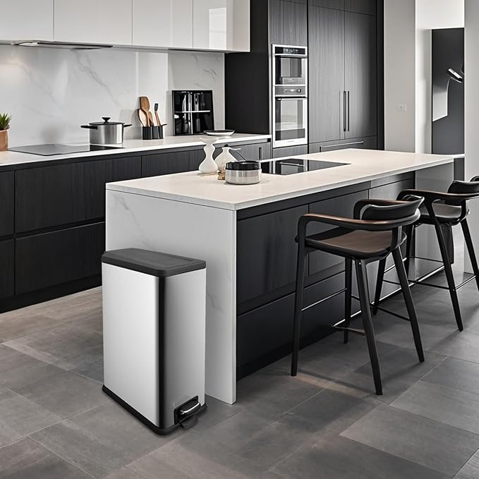 12 Gallon Trash Can with Lid45L Kitchen Garbage CanStainless Steel Trash Can for Narrow Spaces with Soft-Close Lid Inner Bucket and Step-on Pedal