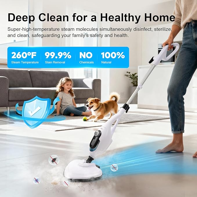 11-in-1 Steam Mop 1550W Powerful Handheld Steam Cleaner 260°F Multi-Functional Floor Steamer with 21.3FT Cord for Floors Hardwood Tiles Grout Windows Kitchen Bath Adjustable (White)