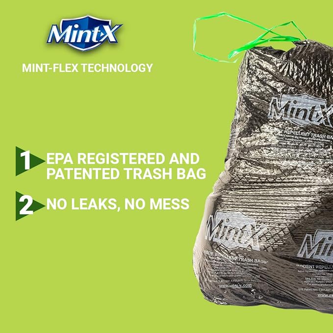 Mint-X Rodent Repellent Outdoor Home and Industrial Trash Bags with Drawstring &amp Mint-Flex Technology 33 Gallon 40 Count Black