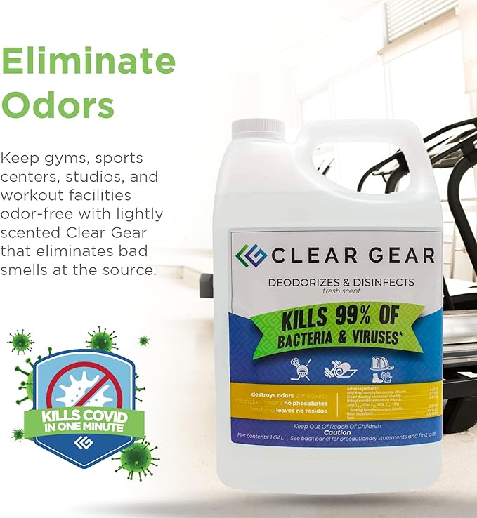 Clear Gear Gym Disinfectant Mat Cleaner and Gym Equipment Deodorizer for Sports Equipment and Fitness Centers - EPA-Registered Hospital Grade Disinfectant Made in USA - (4) 1 Gallon Bottles
