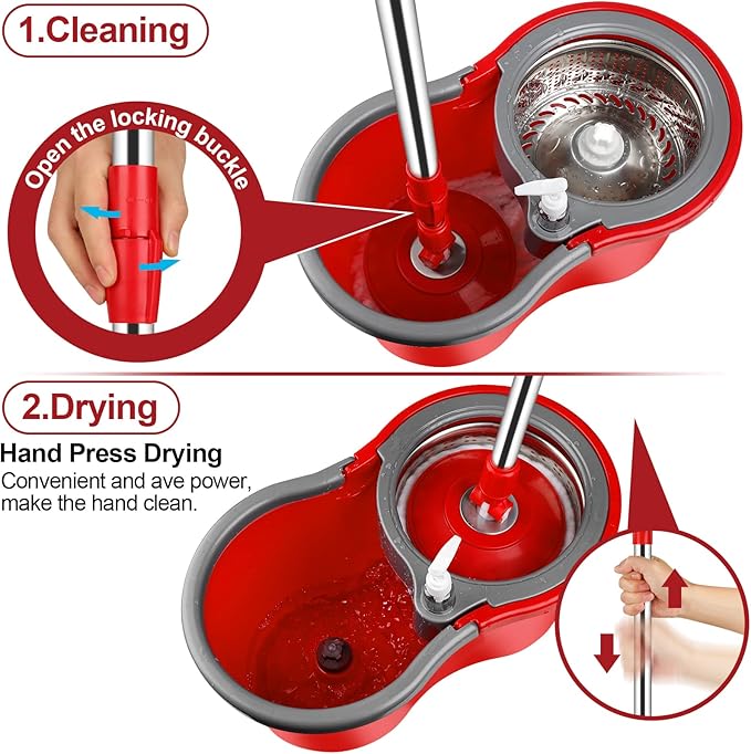 Spin Mop and Bucket with Wringer Set 360° Spinning Mop Bucket System with 3 Microfiber Mop Replacement Heads and 61 Stainless Steel Adjustable Handle for Floor Cleaning (20QT)
