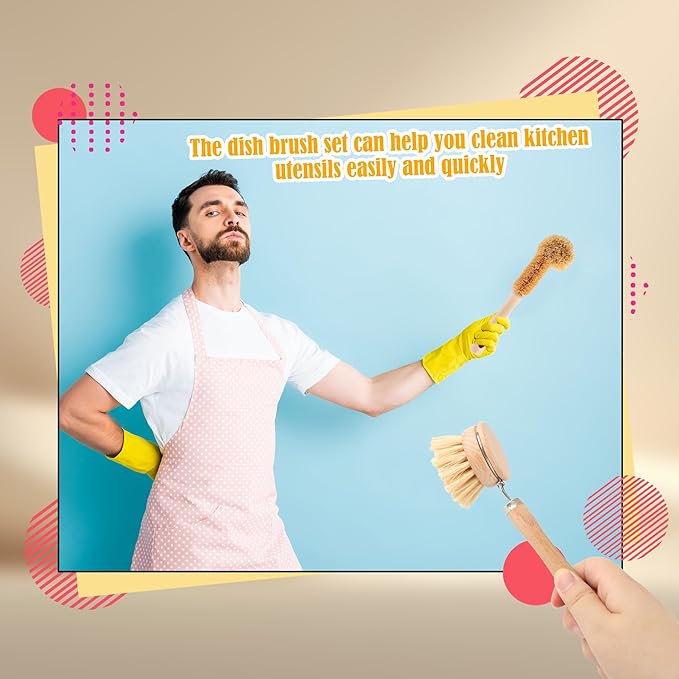 15 Pcs Bamboo Dish Brush Set with 65 Ft Hemp Rope Wooden Palm Pot Brush Sisal Bristles Natural Cup Scrubber Loofah Sponge Draining Tray for Pans Bottle Sink Kitchen Cleaning