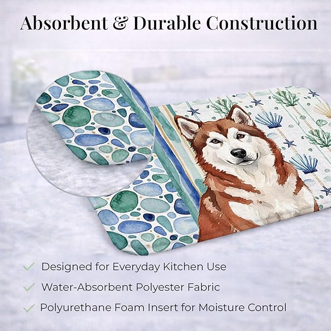 Caroline's Treasures Red and White Alaskan Malamute Coastal Sea Glass Dish Drying Mat Absorbent Dish Drying Mat Pad for Kitchen Counter Dish Drainer Mat for Countertop 14 x 21 Multicolor