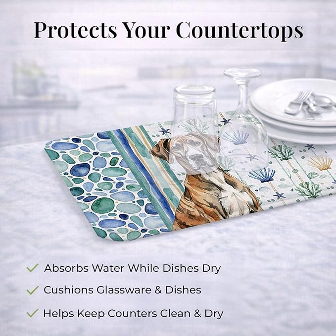 Caroline's Treasures Brindle Great Dane Coastal Sea Glass Dish Drying Mat Absorbent Dish Drying Mat Pad for Kitchen Counter Dish Drainer Mat for Countertop 14 x 21 Multicolor