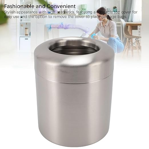 Stainless Steel Trash Bin Trash Cans Metal Garbage Can Modern Round Wastebasket for Bathroom Bedroom Kitchen or Office