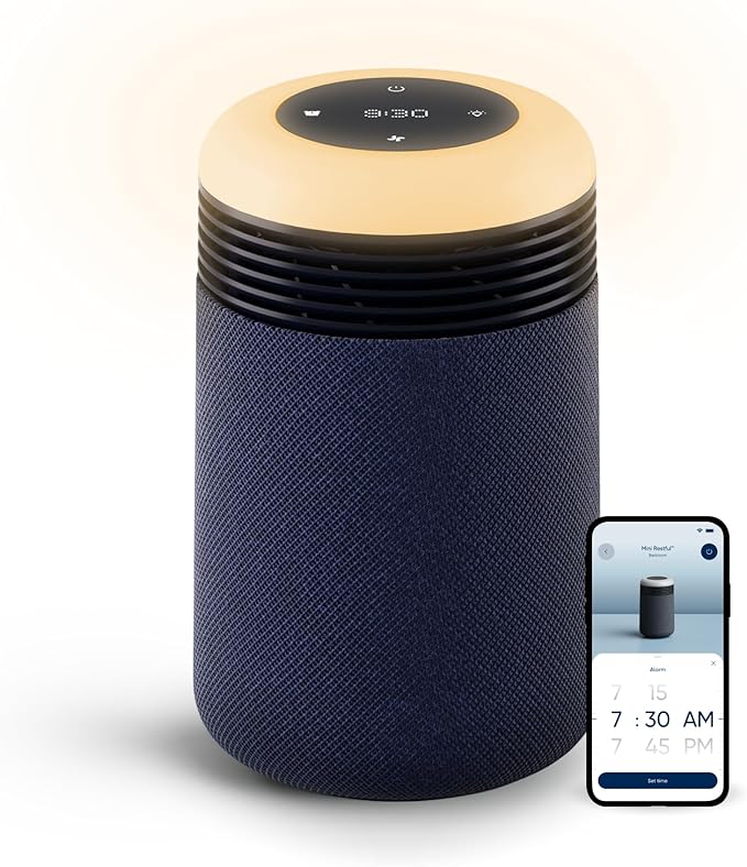 BLUEAIR Purifier for Bedroom - Mini Restful - Sunrise Clock with HEPASilent Filtration and Wake Up Light - Cleans Air and Supports Circadian Rhythm - USB-C and App Connectivity Blue