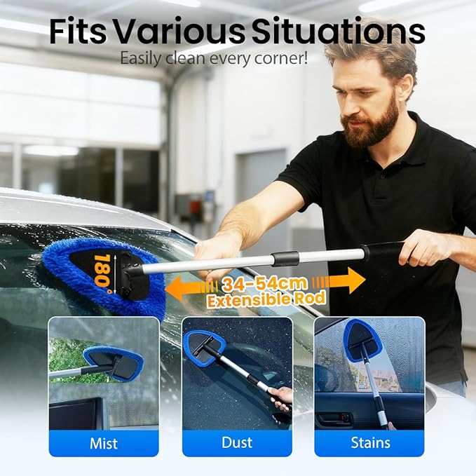 Windshield Window Cleaner Tool Cleaning Supplies for Glass Home 180° Expandable Cleaner Tool with Microfiber Pads and Spray Bottles。