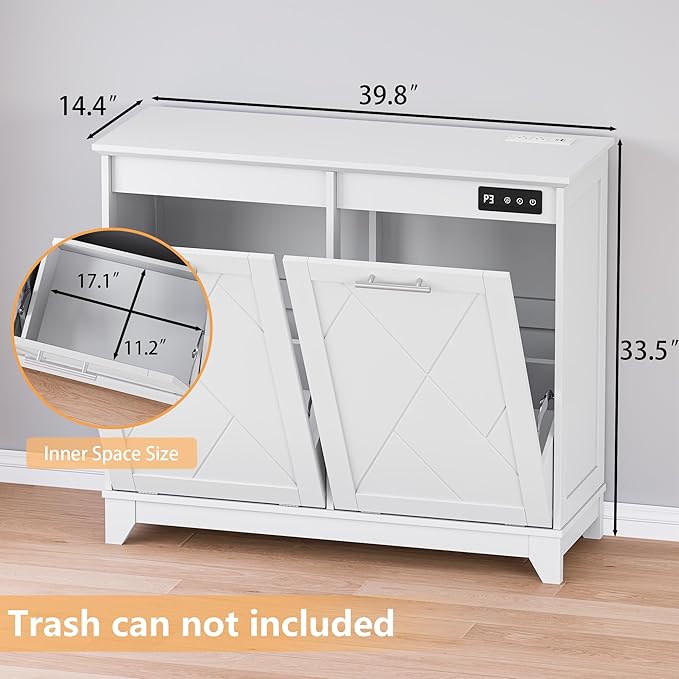 Tilt Out Trash Can Cabinet for 2 Bins Hidden Recycle Garbage Bin Enclosure Wooden Double Laundry Cabinet with Odor Control Negative Ion &amp Ozone for Kitchen Bathroom Laundry Room