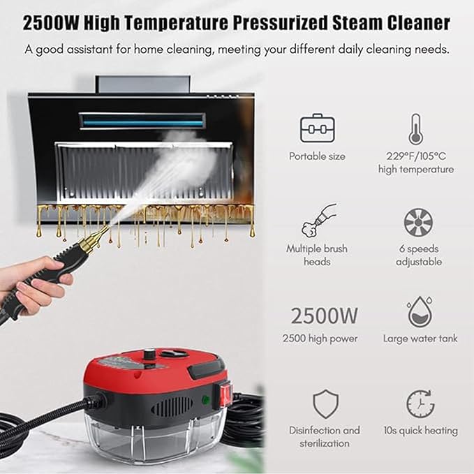 Steam Cleaner2500W Handheld Pressurized Steam Cleaner with 3 Brush Heads Portable for Home Car Furniture Kitchen Bathroom and Wall