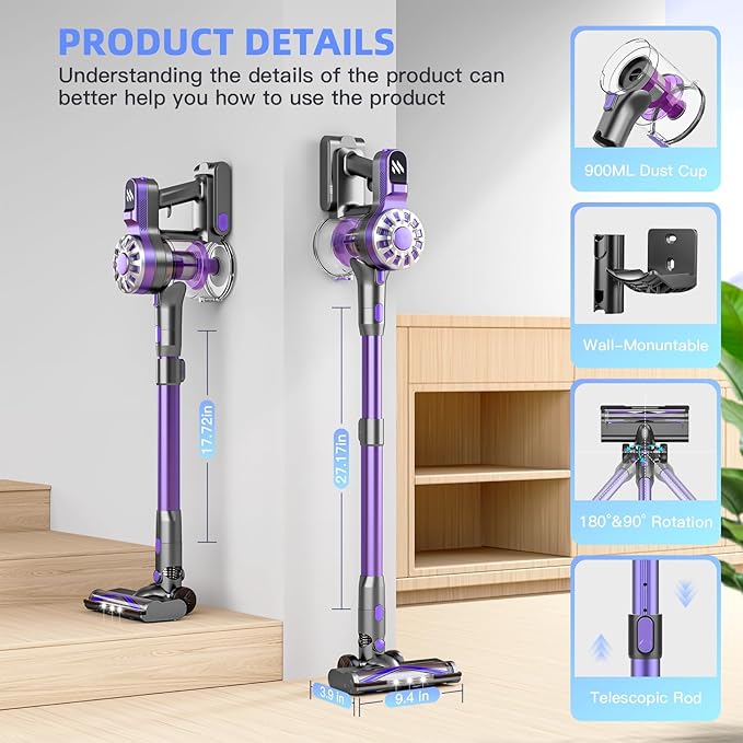 Cordless Vacuum Cleaner for Home Lightweight Stick Vacuum Cordless Rechargeable with Power Suction Up to 35 Mins Runtime Hardwood Floor Vacuum for Pet Hair Carpets Tile(Purple)