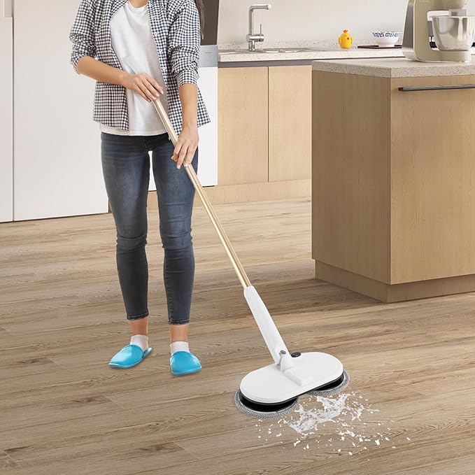 Electric Mop White Cordless Spin Mop with 2 Spare Pads &amp Adjustable Tube Modern Low Noise Electric Mops for Hardwood Tile Floors 60 mins Working Time