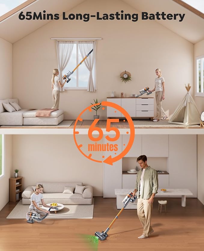 Cordless Vacuum Cleaner600W 50KPa 65Mins Vacuum Cleaners for HomeStick Vacuum with LED Touch ScreenWall Mount ChargingSelf-Standing Cordless Vacuum for Pet Hair/Carpet/Hard Floor/Car