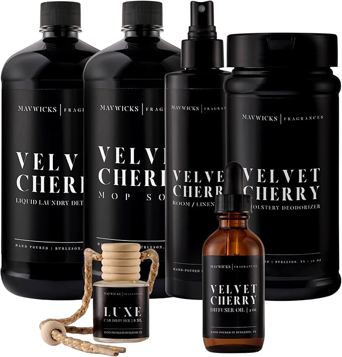 Fragrances - Lovers Bundle – 6-Piece Set | Velvet Cherry | Laundry Detergent 32oz Mop Soap 32oz Linen &amp Room Spray 8oz Diffuser Oil 2oz Upholstery Deodorizer 16oz &amp Car Diffuser