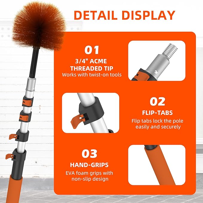 26 FT Cobweb Duster with Extension Pole Cobweb Duster with 5-20FT Telescoping Extension Pole Cleans Spider Webs Washable &amp Reusable for High Ceilings Fans &amp Outdoor &amp Indoor Cleaning