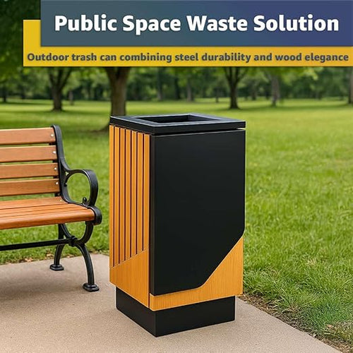 13 Gallon Commercial Outdoor Trash Can - Square Decorative Waste Bin with Steel &amp Wood Composite Design Hinged Lid Open Top Garbage Can for Retail Stores Hotel Lobbies Airports