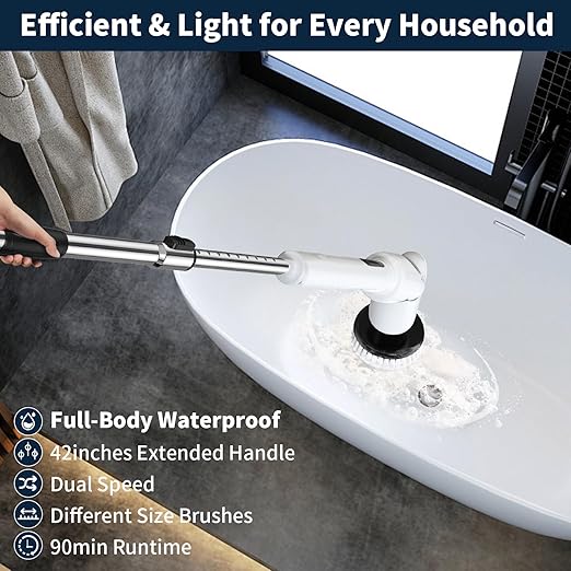 Electric Spin Scrubber - Cordless Cleaning Brush with Digital Display 2 Speeds 8 Brush Heads IPX7 Waterproof Adjustable Long Handle for Bathroom Tub Tile Shower and Car