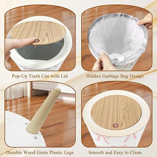 Small Trash Can with Lid Cute Coquette Seamless Pink Ribbon Bow White Garbage Cans Round Wastebasket 1.8 Gallon Dog Proof Trash Can Waste Basket for Bathroom Office Dorm Decor