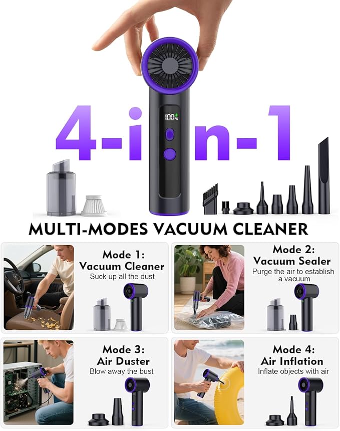 100-Speed Stepless Adjustable Mini Vacuum Cleaner: 16000PA Strong Suction Cordless Hand Held Car Vacuum and Air Duster with Digital Display Keyboard Vac for Sewing Machine Home Office Pet Hair