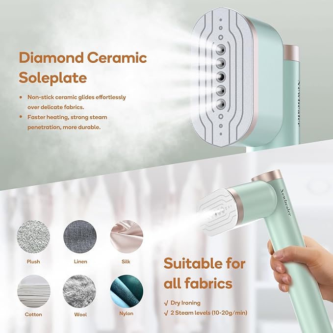 Newbealer Steamer for Clothes 1200W Portable Steam Iron 2 Steam Levels Horizontal and Vertical Steaming Dry Ironing 15s Heat Up Rotatable 302°F Garment Wrinkle Remover Green (120V Only)