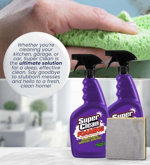 Super Clean Citrus Scent Foaming Cleaner and Degreaser Spray 32 oz Bundle with Microfiber Cloth - Heavy Duty Degreaser for Kitchen Oil Grime and Dirt Removal - (3 Items)