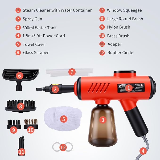 1200W High Pressure Handheld Steam Cleaner 600ML Tank Multi-Purpose Steamer for Home UseCleaning Floor Upholstery Grout and CarRed