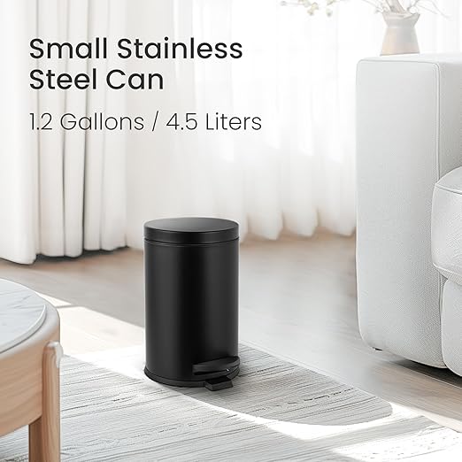 Cesun 1.2 Gallons Small Black Trash Can Bathroom Garbage Can with Lid and Foot Pedal Mini Round Wastebasket for Bathroom Bedroom Office 4.5 Liters / 1.2 Gallons Matte Black