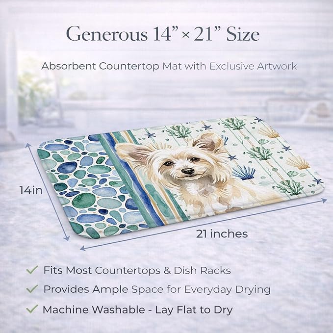 Caroline's Treasures Powderpuff Chinese Crested Coastal Sea Glass Dish Drying Mat Absorbent Dish Drying Mat Pad for Kitchen Counter Dish Drainer Mat for Countertop 14 x 21 Multicolor