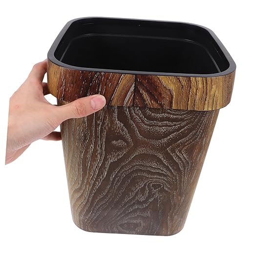Square Trash Can with Faux Wood Grain Lidless Plastic Wastebasket with Removable Press Ring for Office Bedroom Kitchen Space-Saving Reusable Garbage Bin for Home and Farmhouse