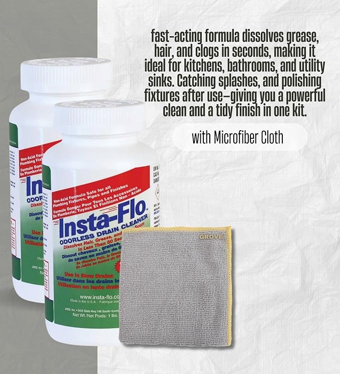 Drain Clog Remover – Insta-Flo Crystals Drain Cleaner 1 lb Bundle with Microfiber Towel – Fast-Acting Non-Acid Powder for Grease Hair and Soap Clogs in Drains and Pipes – Gift Set (3 Items)