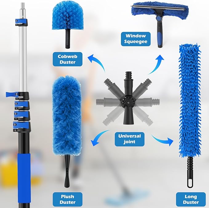 25FT Reach High Ceiling Duster Kits with 5-20FT Adjustable Pole - Includes Extra Long Duster High Ceiling Duster Rotatable Window Squeegee &amp Cobweb Duster for Ceiling Fans and Whole House Cleani