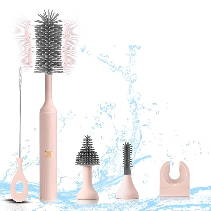 Electric Baby Bottle Brush Set with Rechargeable Electric Bottle Brush Cleaner and Replaceable Silicone Bottle Brushes and Straw Brush Cleaner Waterproof Multi-Purpose Cleaning Brush(Pink)