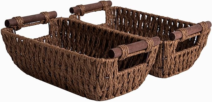 StorageWorks Handwoven Small Wicker Baskets Round Paper Rope Storage Baskets with Wooden Handles Dark Brown 2-Pack