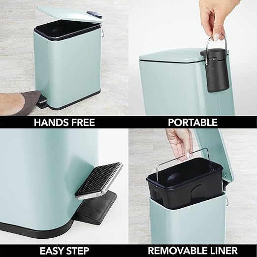 mDesign Slim Metal Rectangle 1.3 Gallon/5 Liter Trash Can with Step Pedal Easy-Close Lid Removable Liner - Narrow Wastebasket Garbage Container Bin for Bathroom Bedroom Kitchen - Matte Mint Green